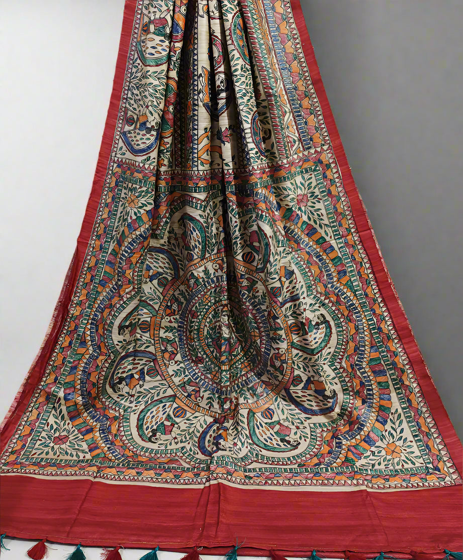 Red Half & Half Madhubani Hand Painted Pure Tussar Ghicha Silk Saree