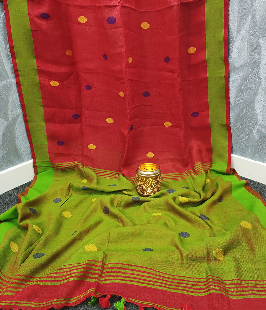 Red and Green Handloom Pure Linen Saree