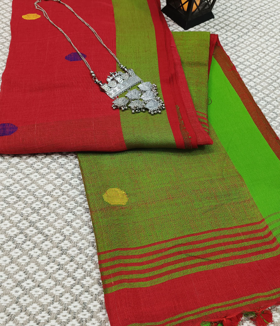 Red and Green Handloom Pure Linen Saree