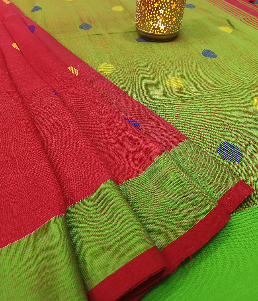 Red and Green Handloom Pure Linen Saree