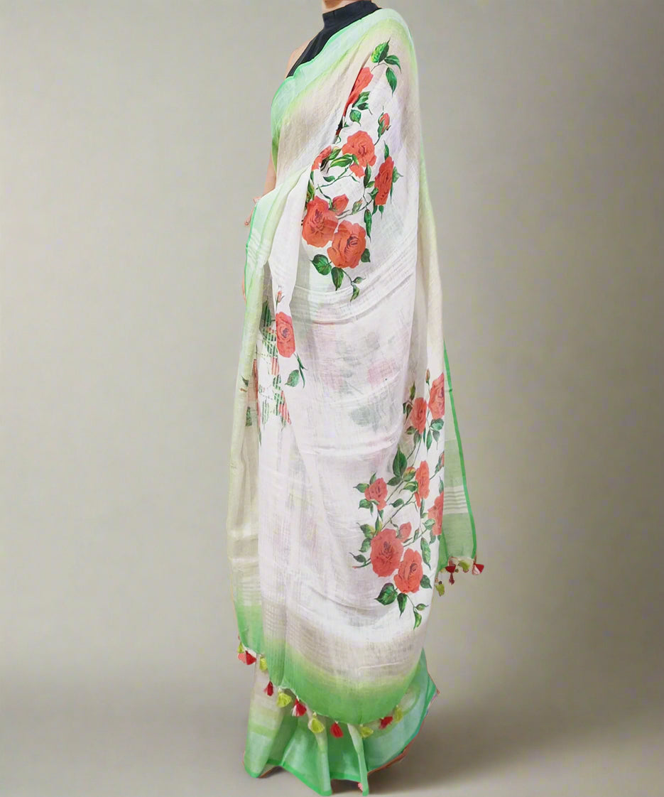 Red Rose Digital Printed Linen Saree