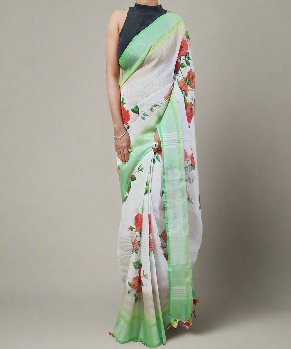 Red Rose Digital Printed Linen Saree