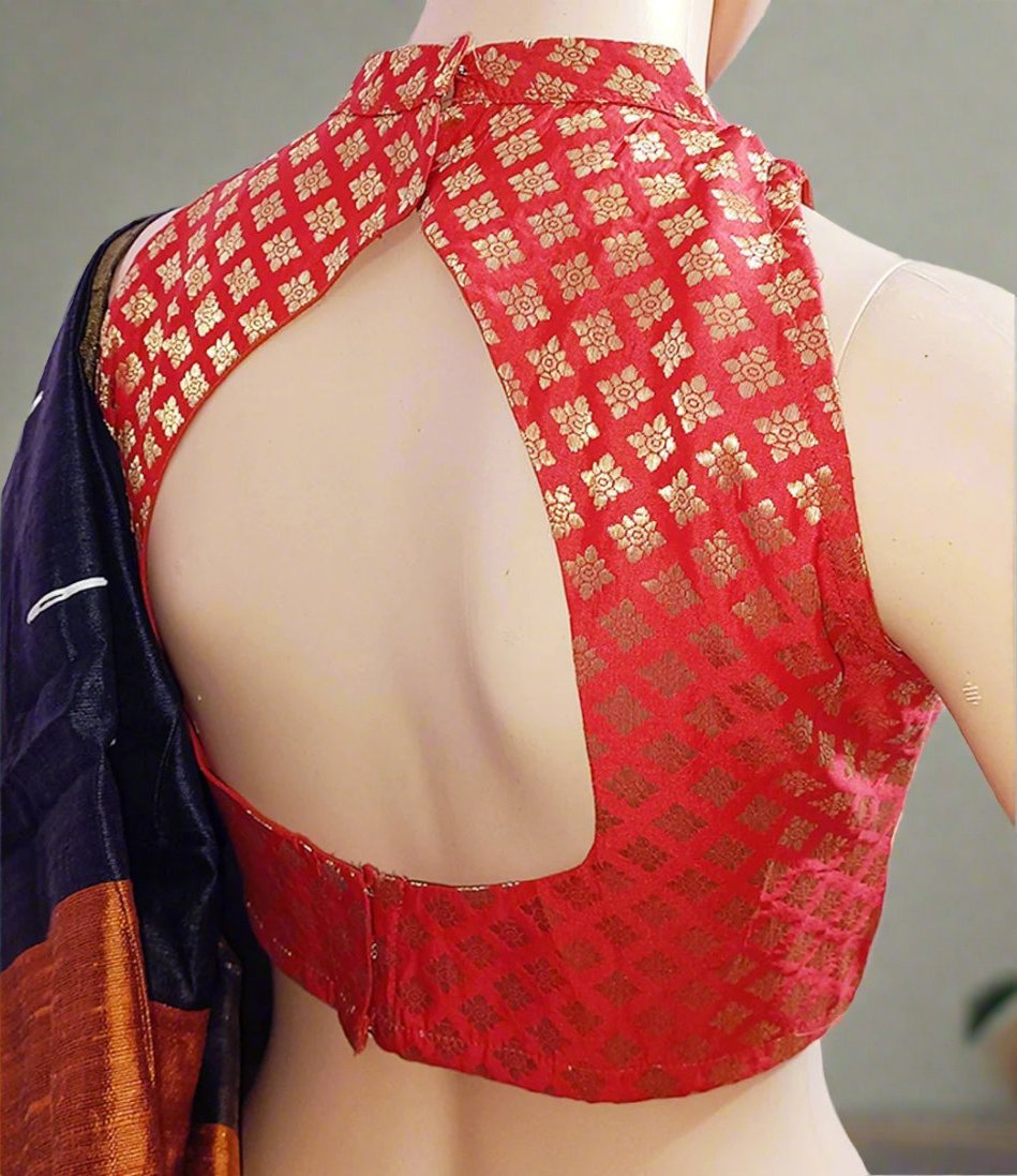 Red Brocade Halter Neck Blouse| Peepal Clothing