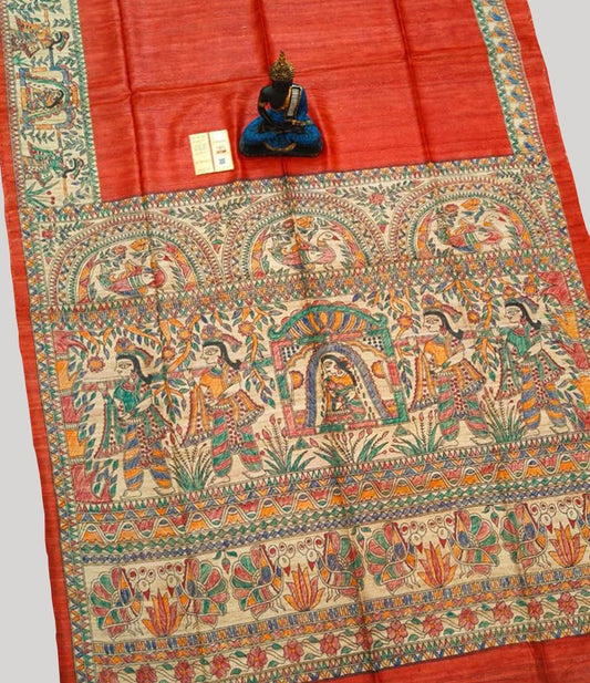 Red Madhubani Hand Painted Tussar Ghicha Silk Saree | Peepal Clothing