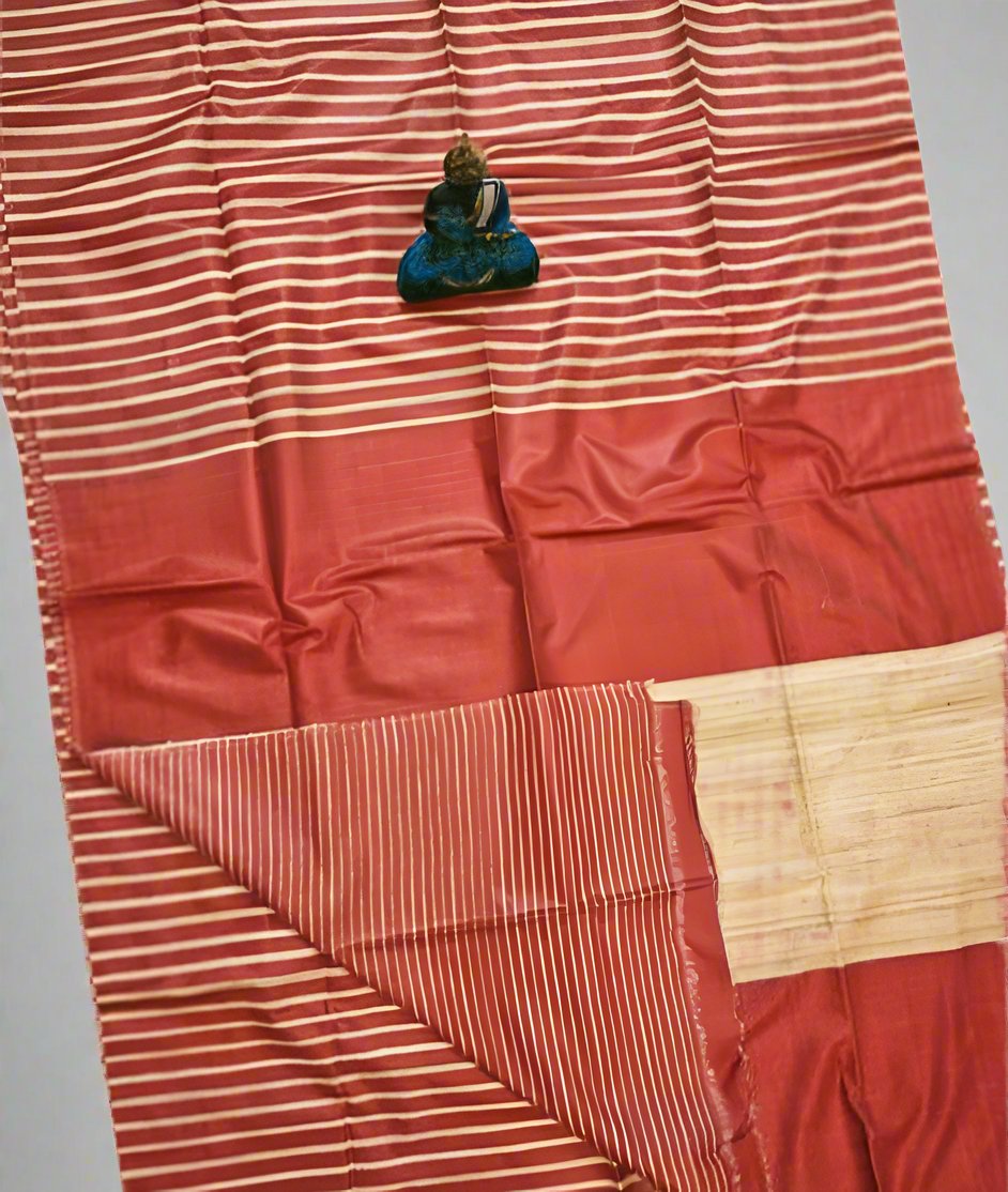 Red Striped Tusser Ghicha Silk Saree |Peepal Clothing