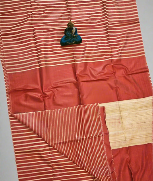 Red Striped Tusser Ghicha Silk Saree |Peepal Clothing