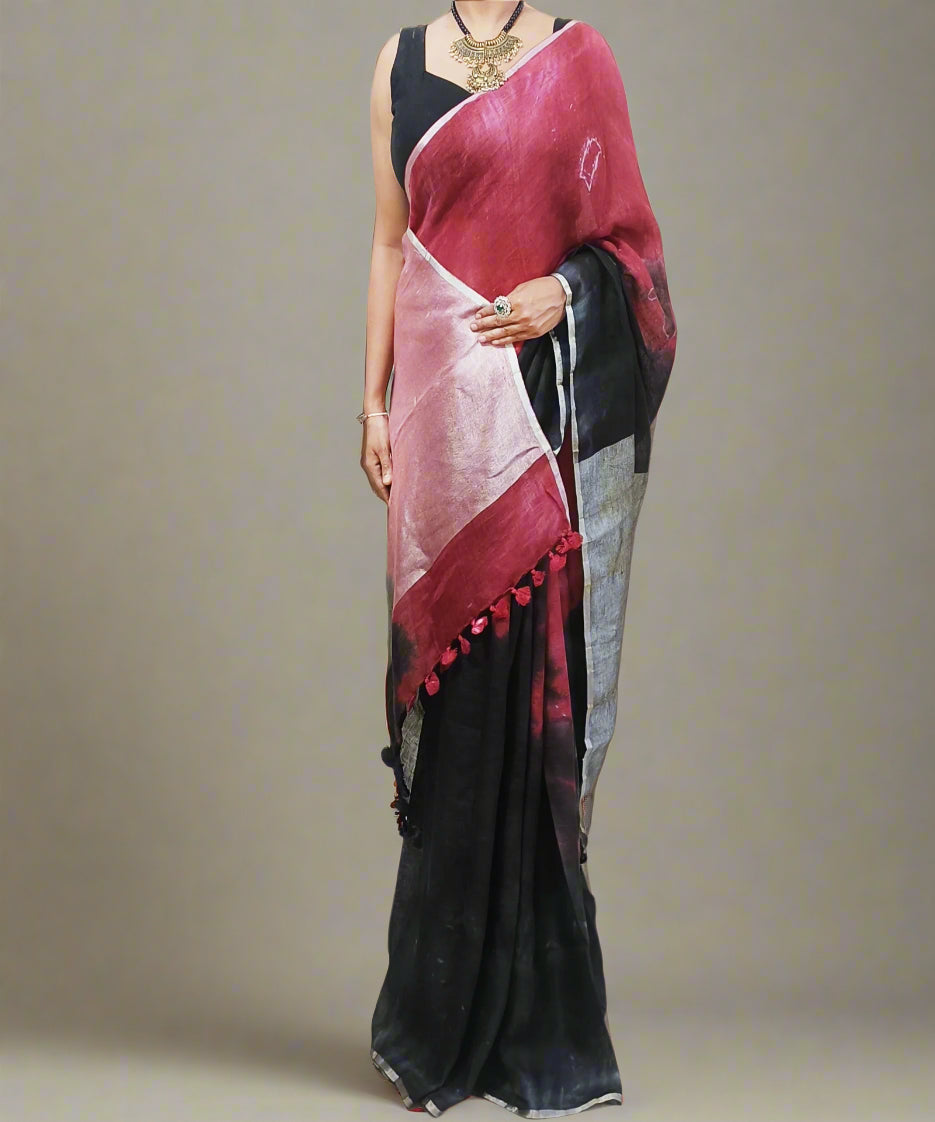 Red and Black Tie and Dye Pure linen saree