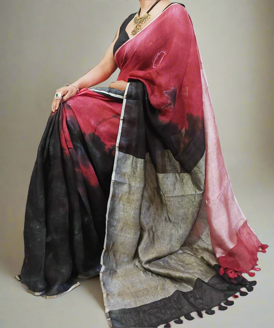 Red and Black Tie and Dye Pure linen saree