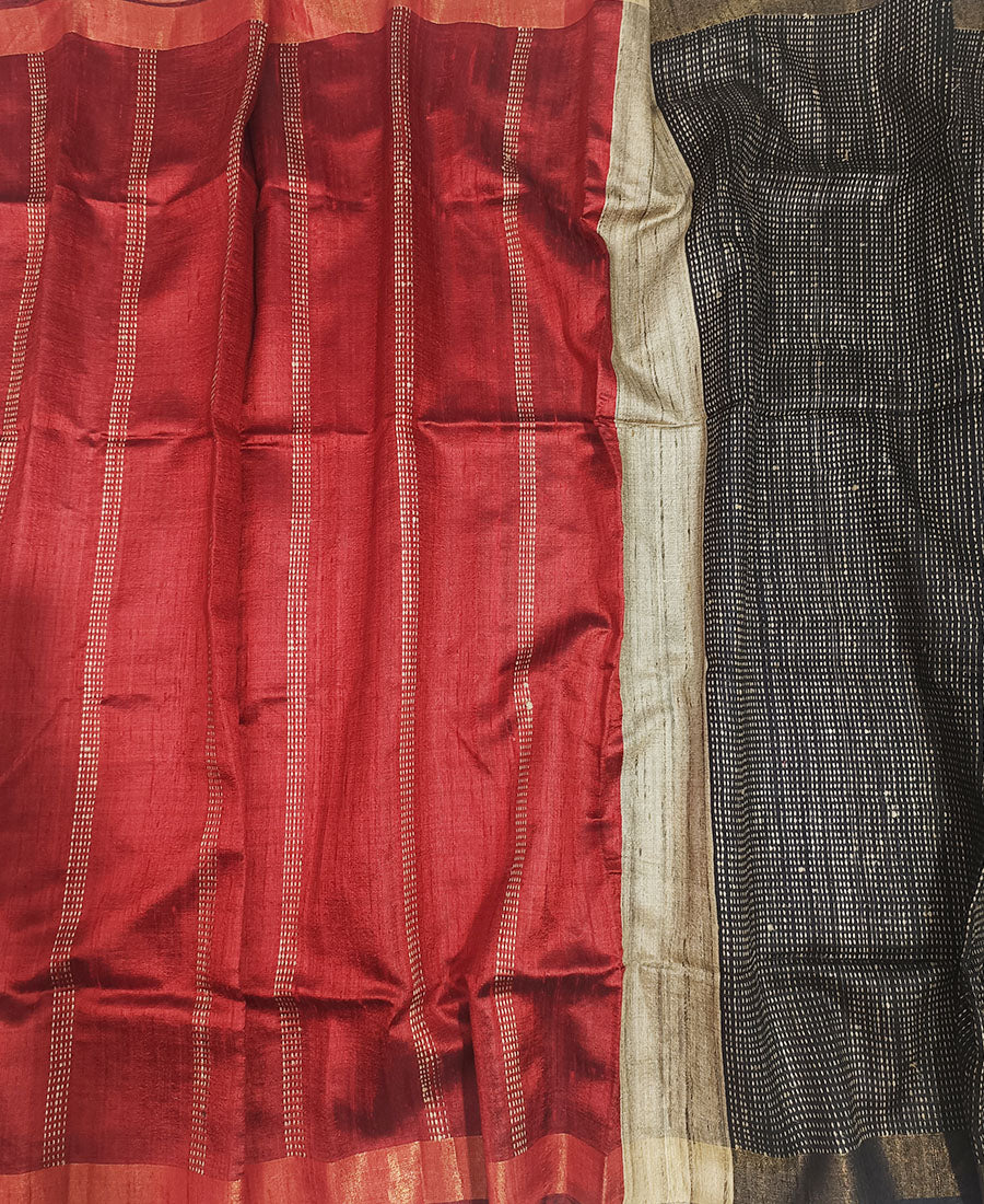 Red and Black Tussar Raw Silk Saree