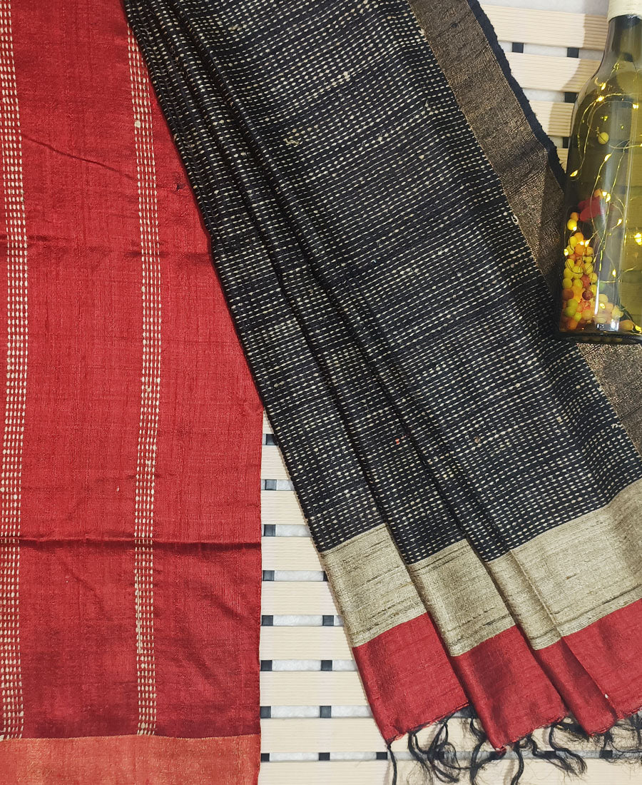 Red and Black Tussar Raw Silk Saree