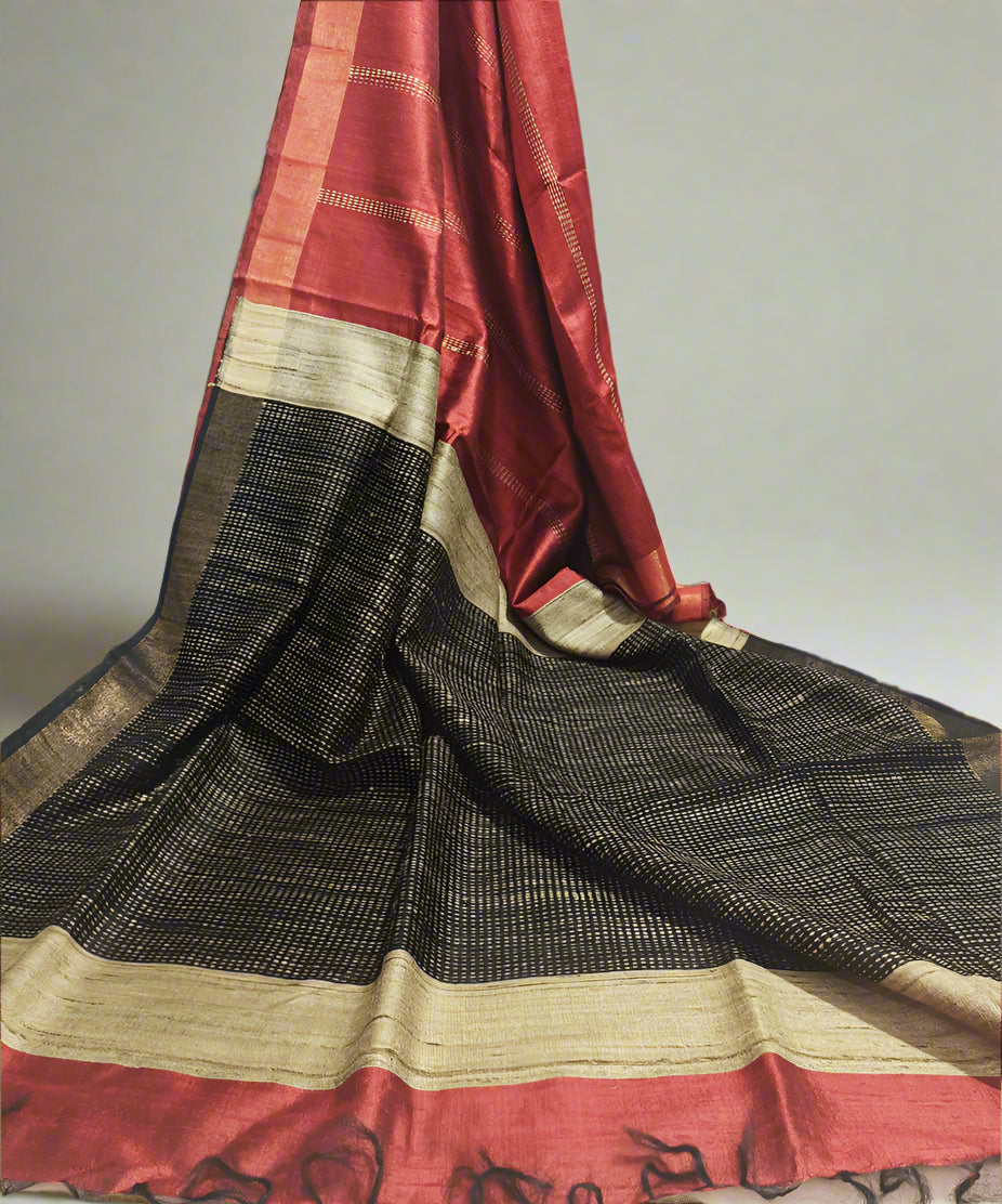 Red and Black Tussar Raw Silk Saree