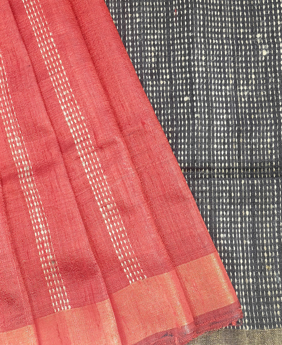 Red and Black Tussar Raw Silk Saree