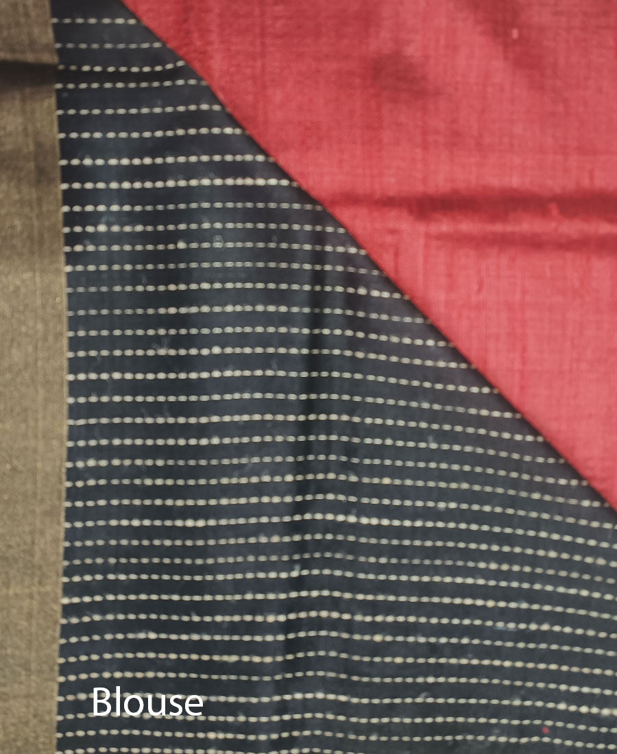 Red and Black Tussar Raw Silk Saree