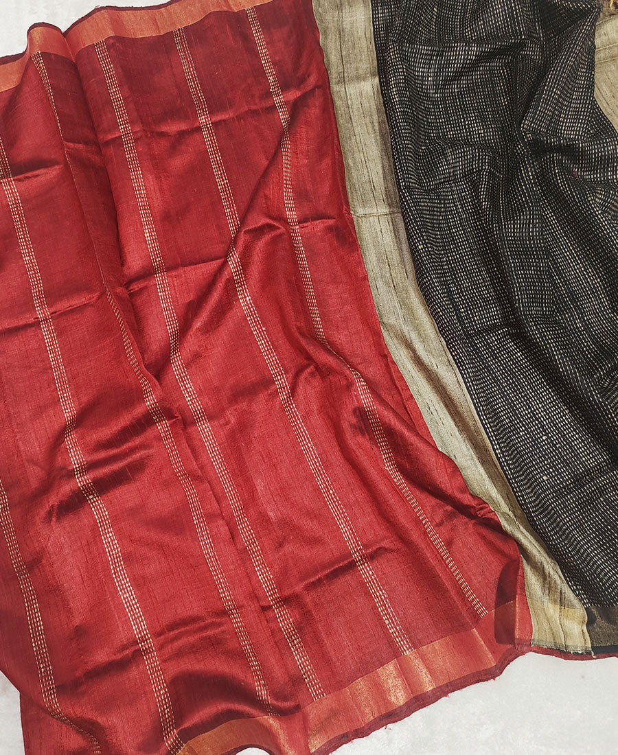 Red and Black Tussar Raw Silk Saree