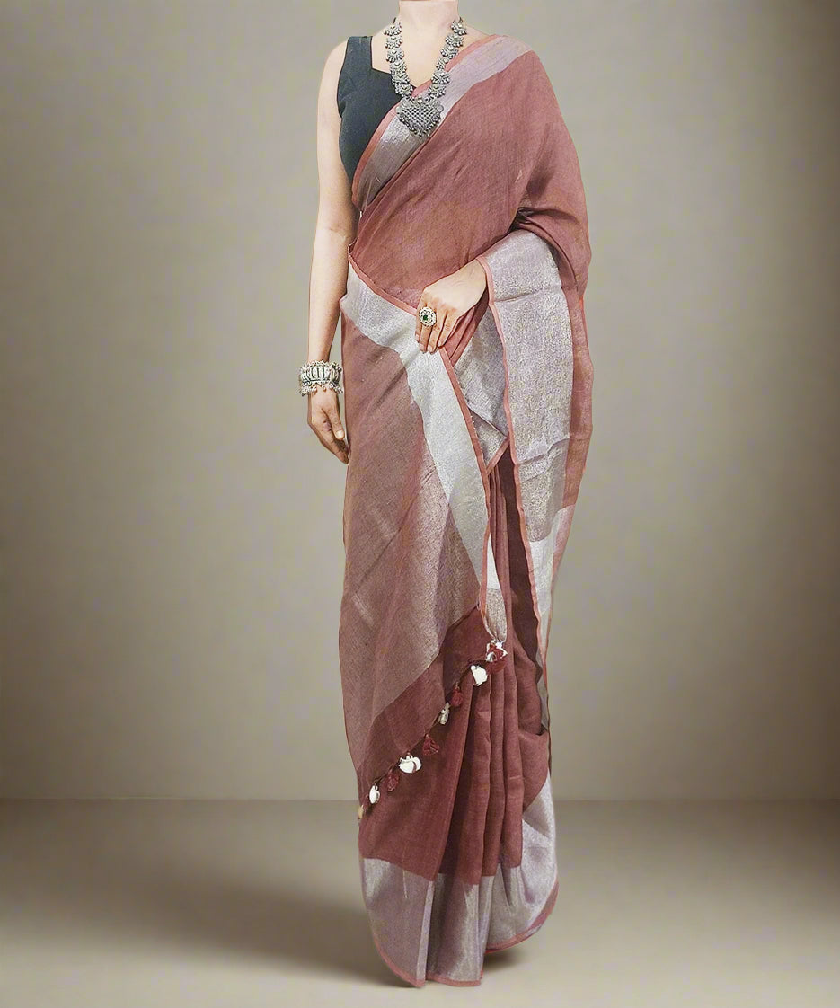 Rust Handloom Pure Linen Saree