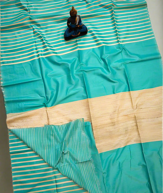 Sea Grean Striped Tusser Ghicha Silk Saree |Peepal Clothing