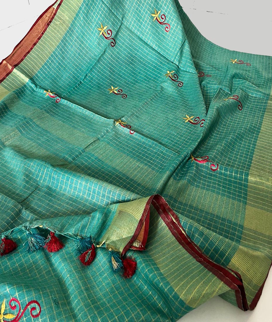 Embroidered Linen Saree | Peepal Clothing