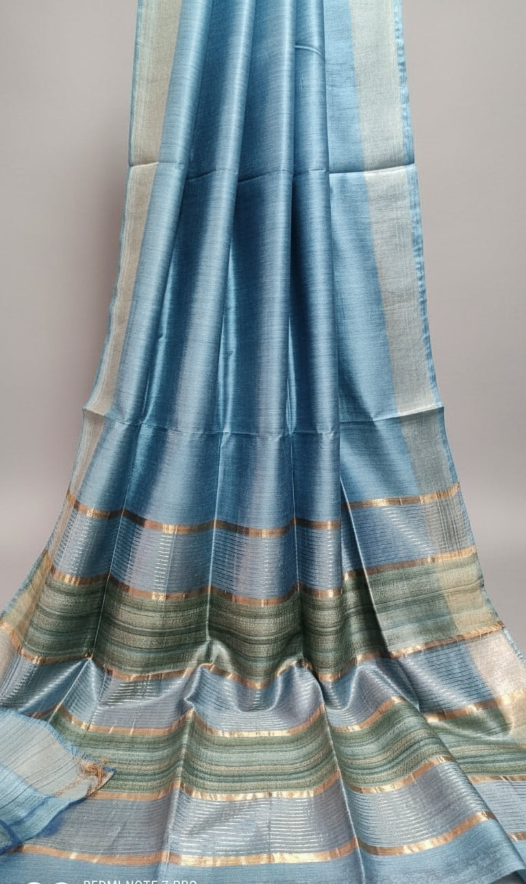 Sky Blue Staple Body Saree with Ghicha Silk Pallu