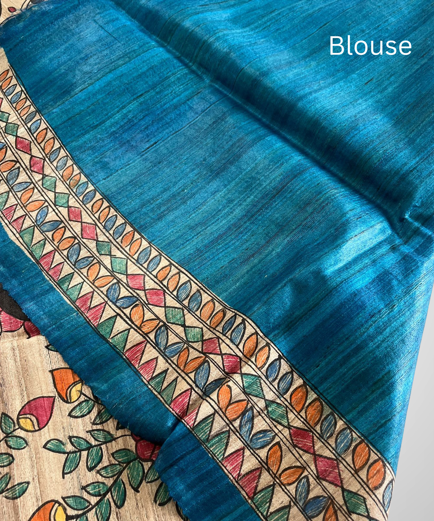 Hand Painted Teal Blue Mithila Art Tussar Ghicha Silk Saree