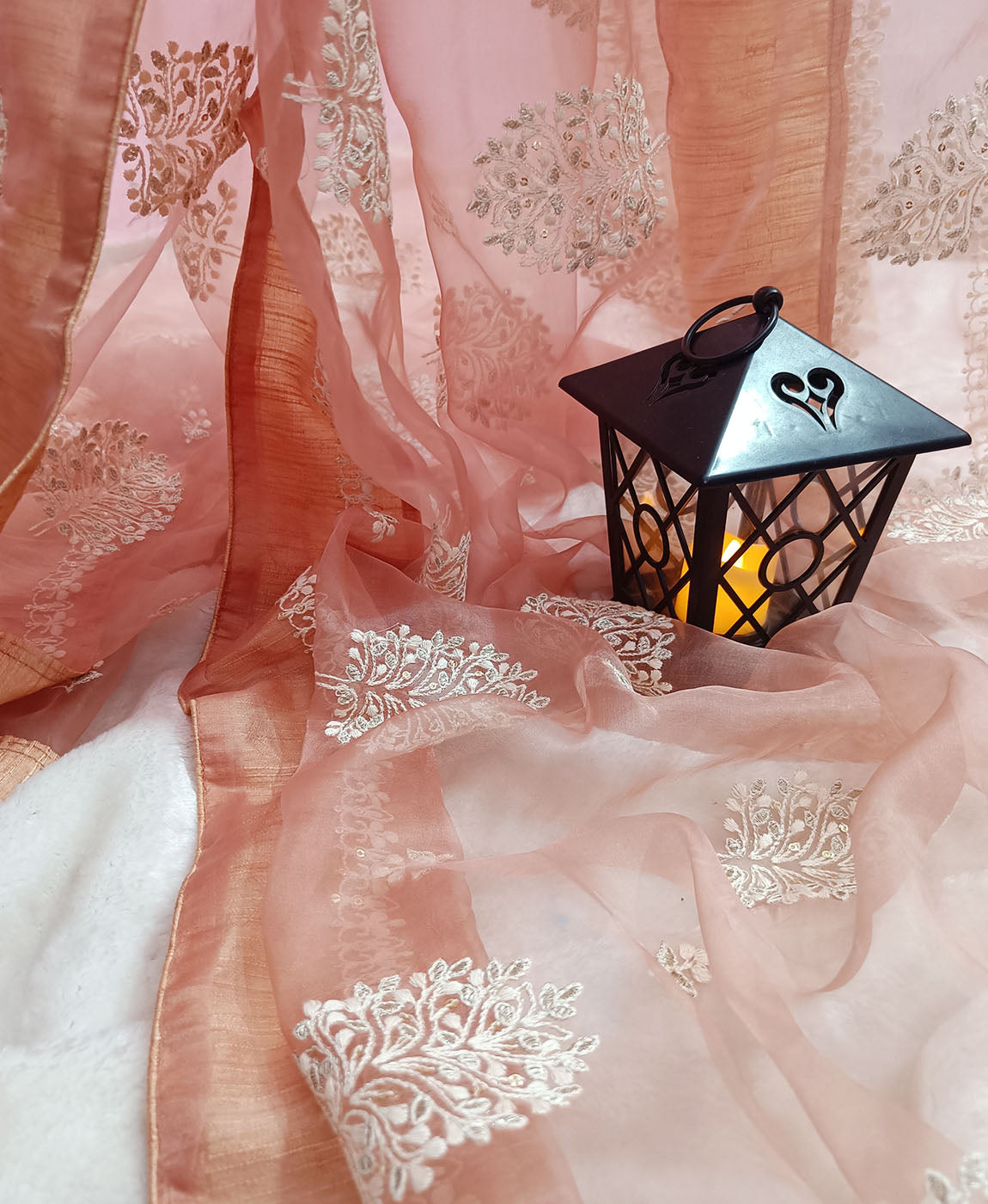 Thread Embroidered Ruddy Pink Organza Saree