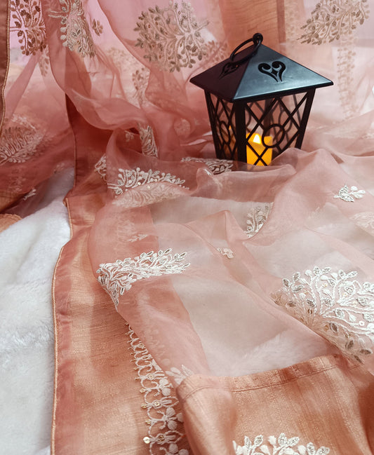 Thread Embroidered Ruddy Pink Organza Saree