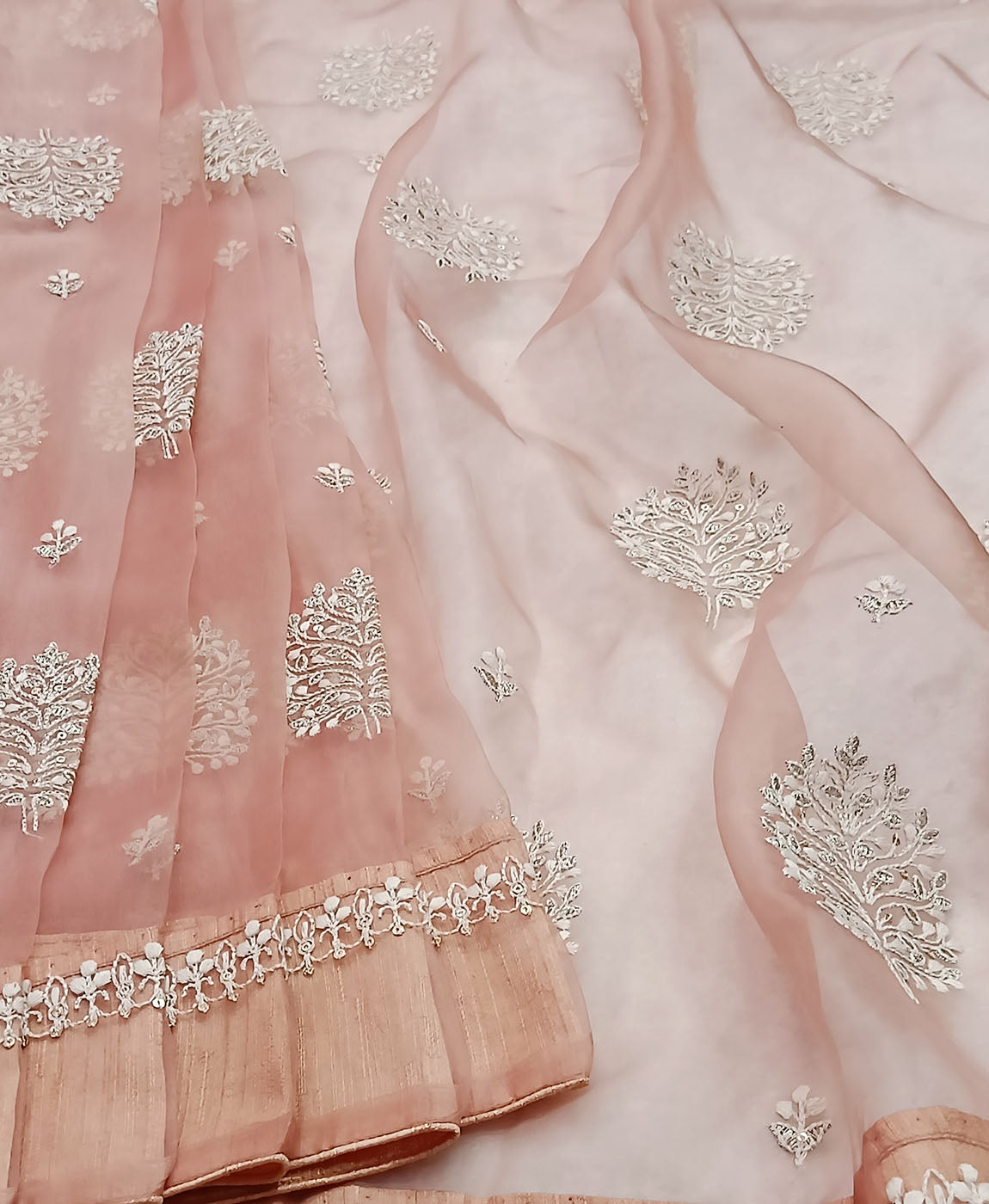 Thread Embroidered Ruddy Pink Organza Saree