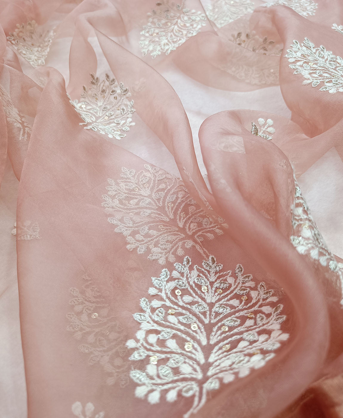 Thread Embroidered Ruddy Pink Organza Saree