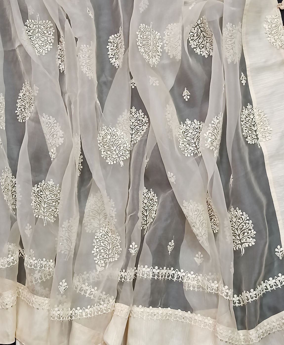 Thread Embroidered Off White Organza Saree