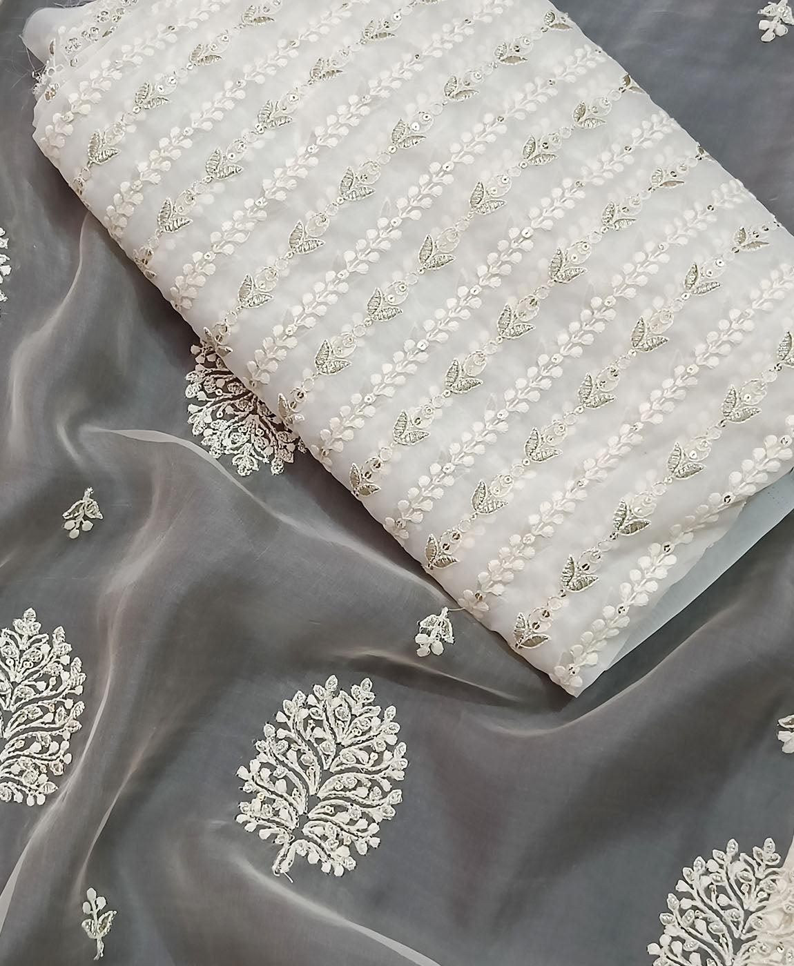 Thread Embroidered Off White Organza Saree