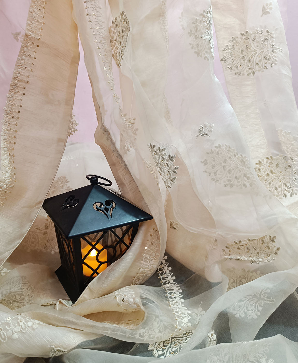 Thread Embroidered Off White Organza Saree