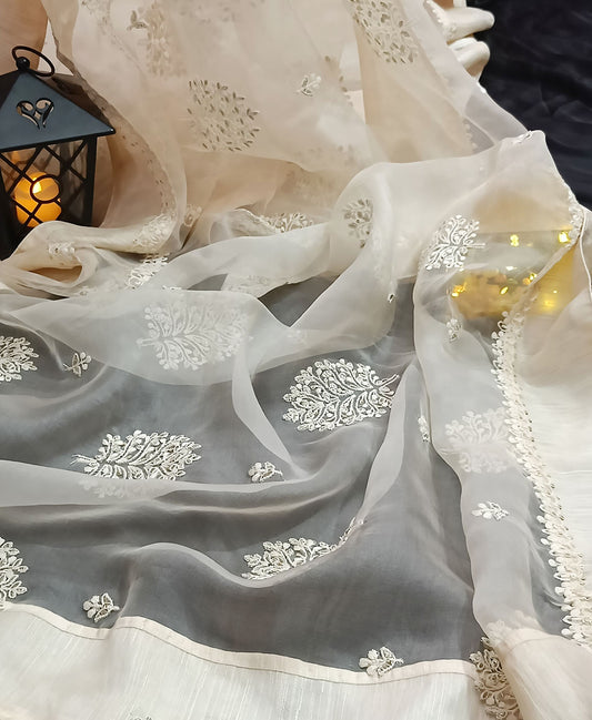 Thread Embroidered Off White Organza Saree