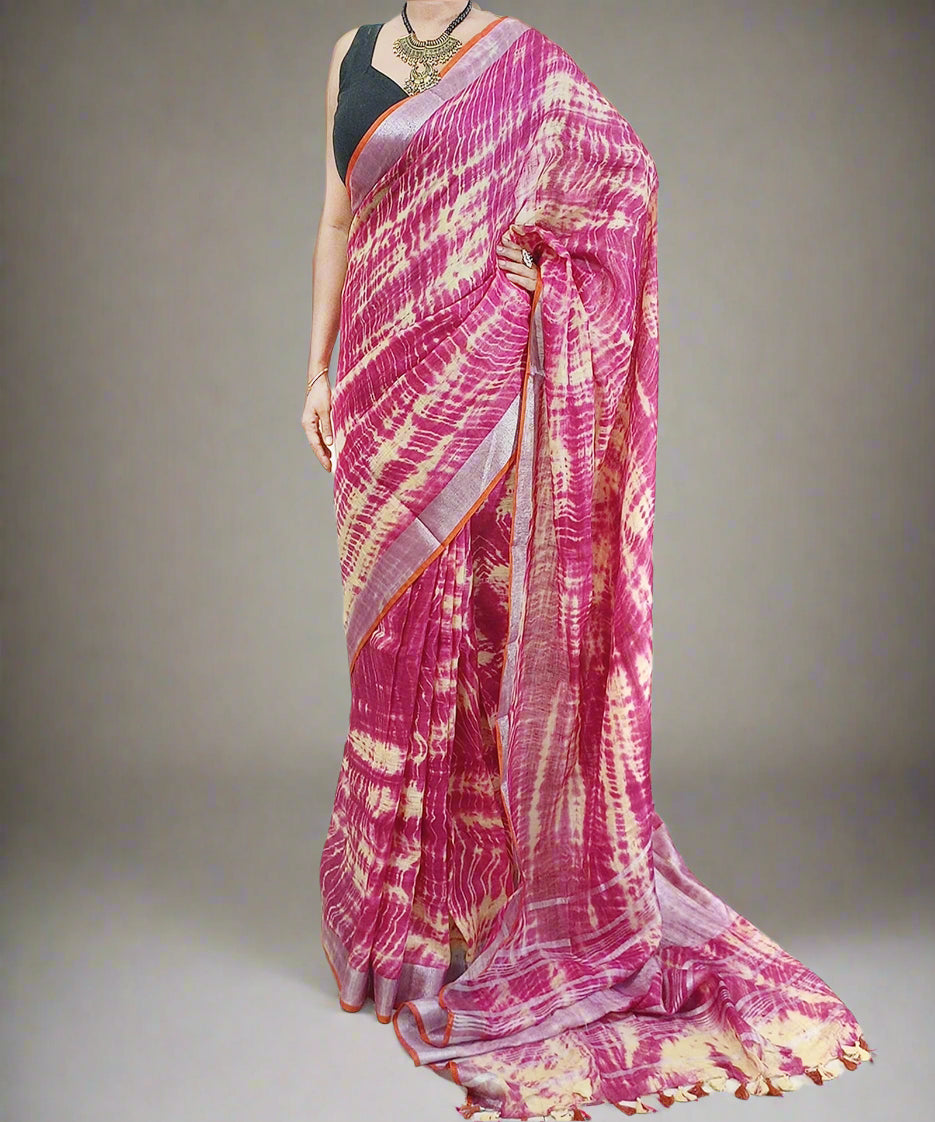 Tie and Dye Pink Linen Saree