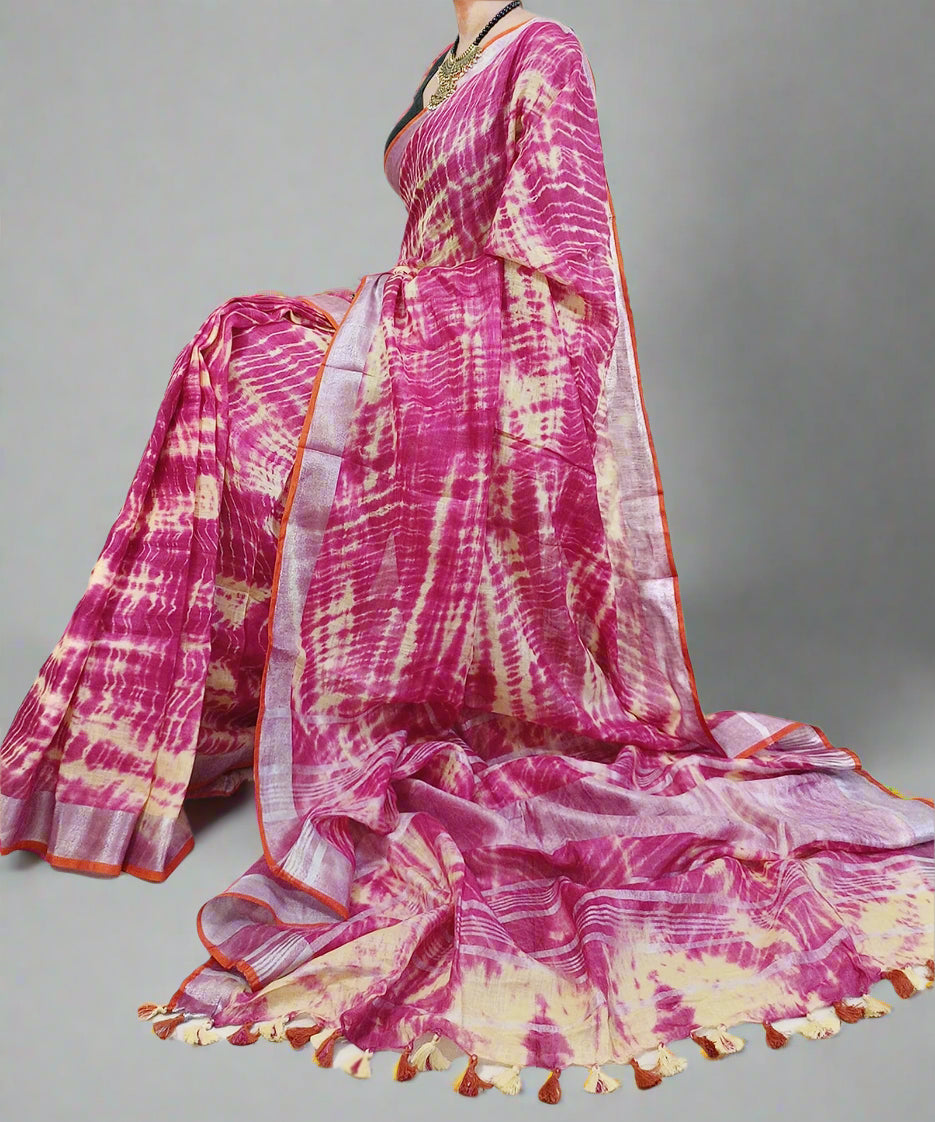 Tie and Dye Pink Linen Saree