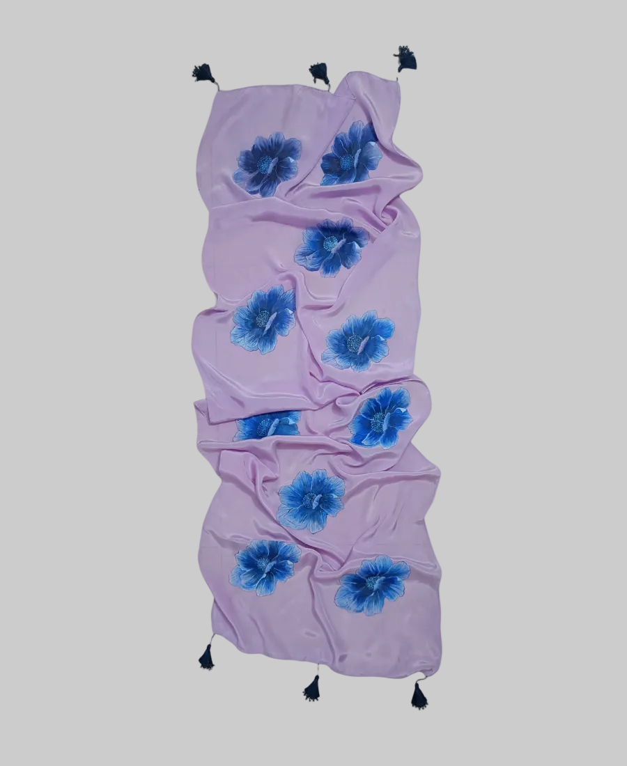 Lavender Blue Bloom Hand-Painted Crepe Silk Stole