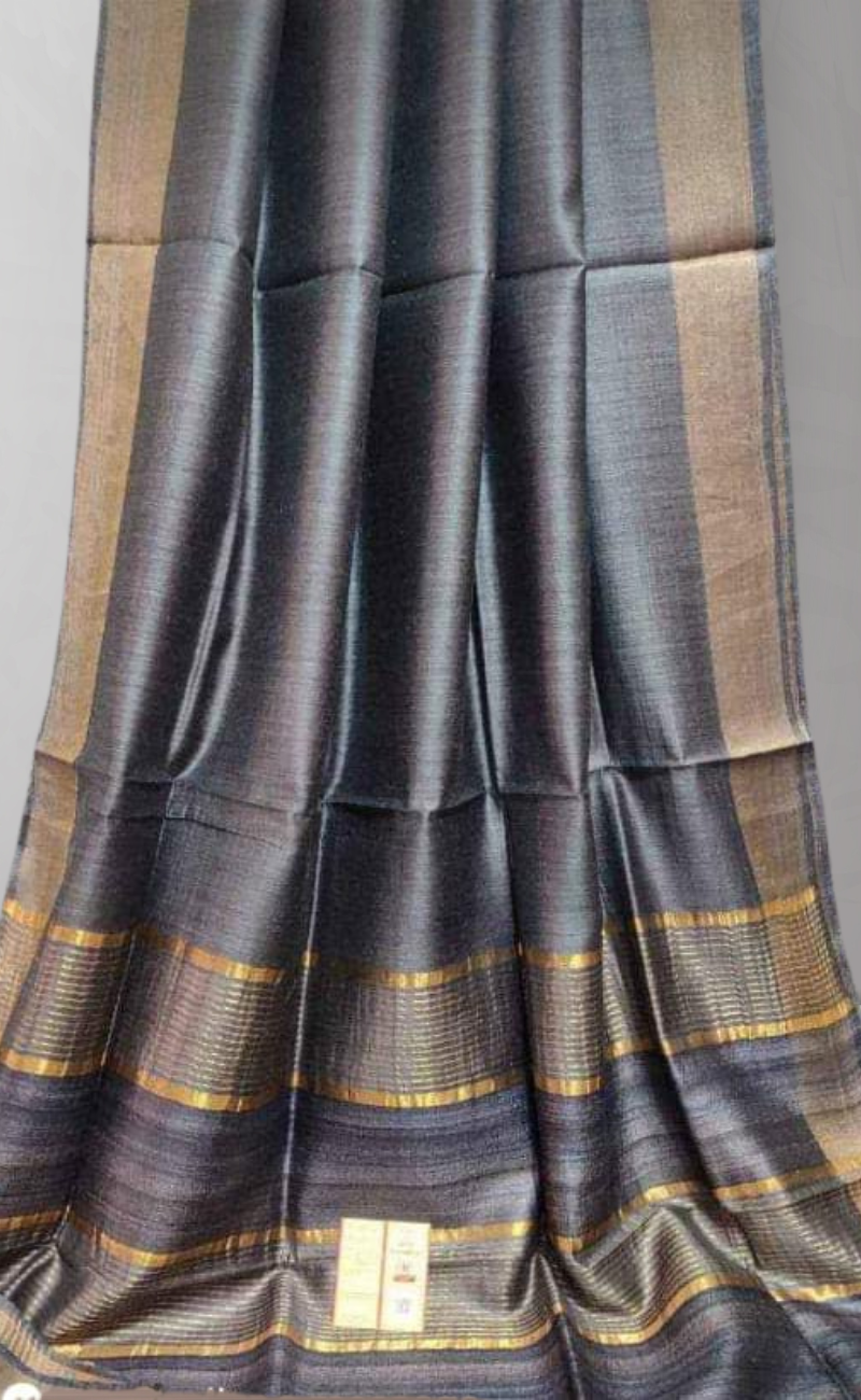 Dark Grey Staple Body Saree with Ghicha Silk Pallu