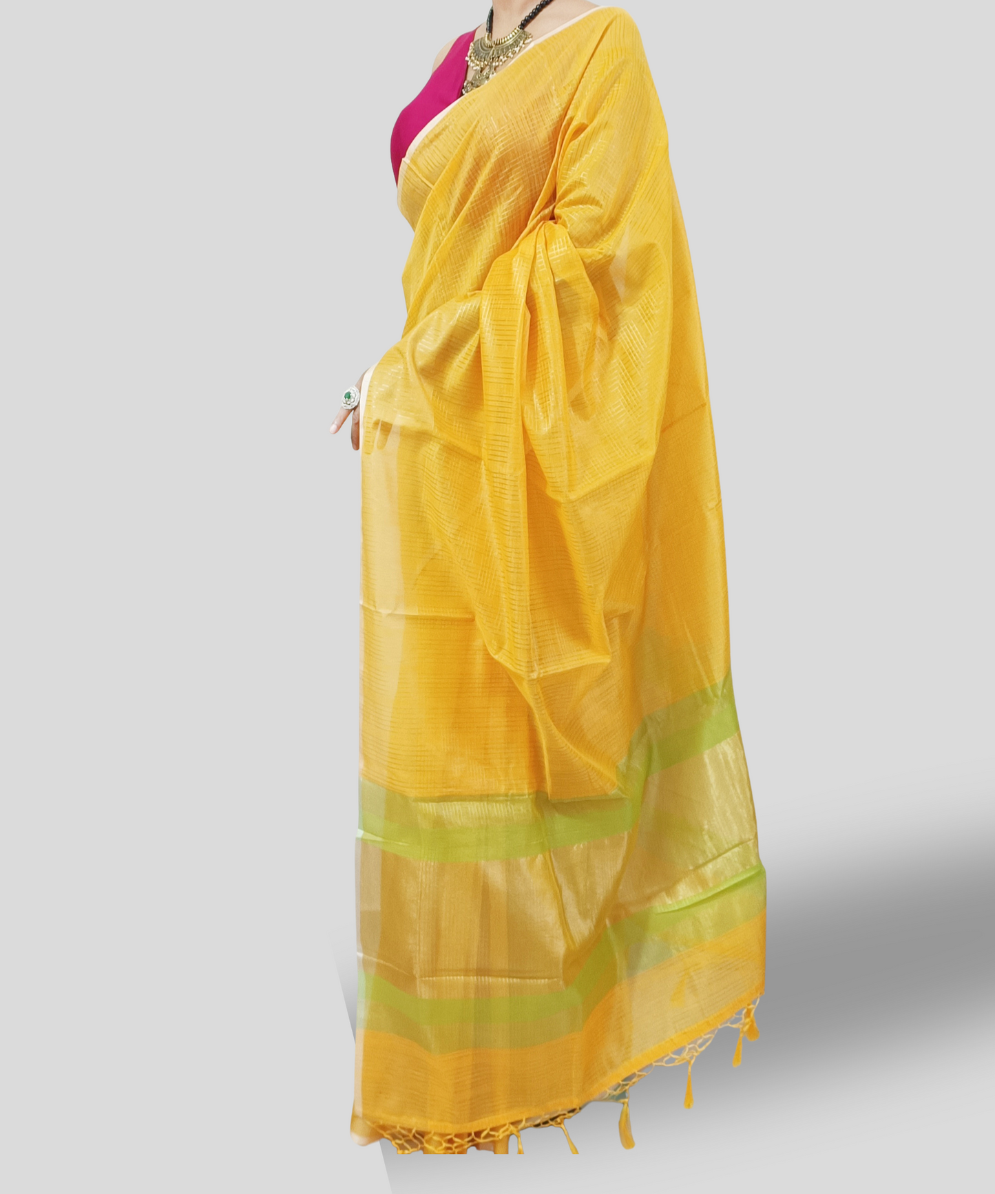 Yellow Zari Checkered Poly Silk Saree