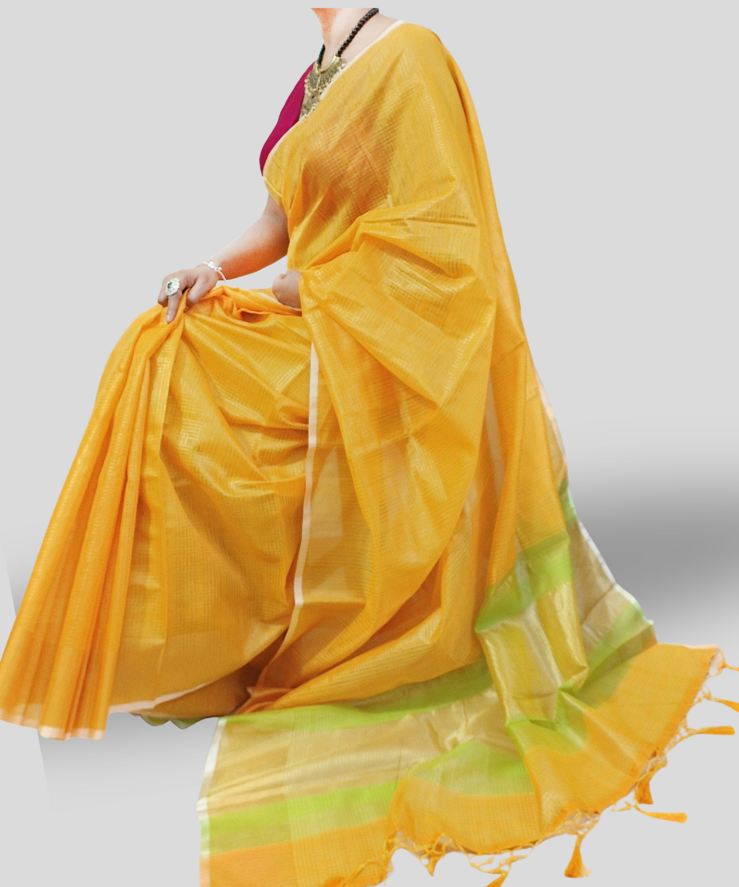 Yellow Zari Checkered Poly Silk Saree