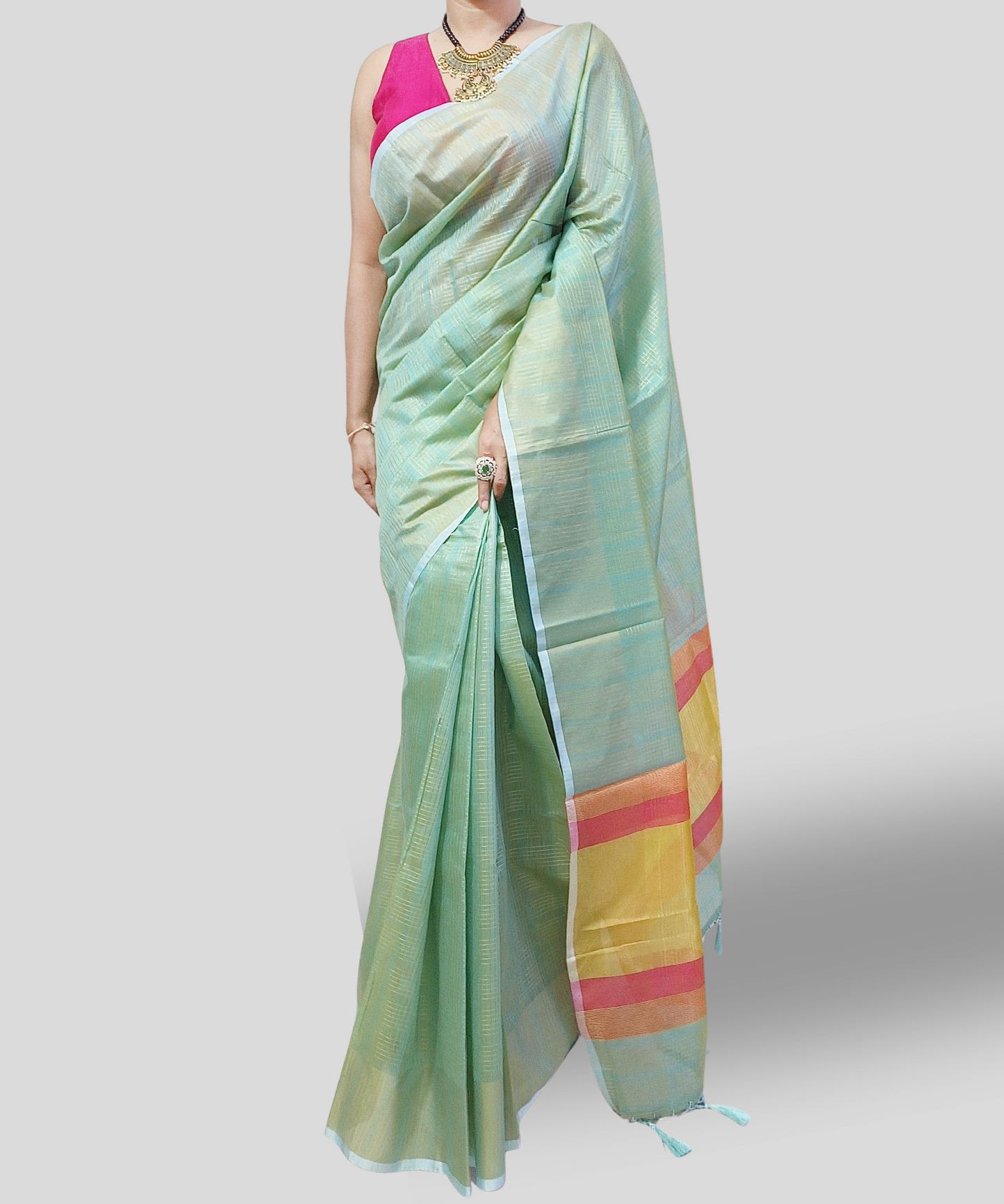 Pista Green Zari Checkered Poly Silk Saree