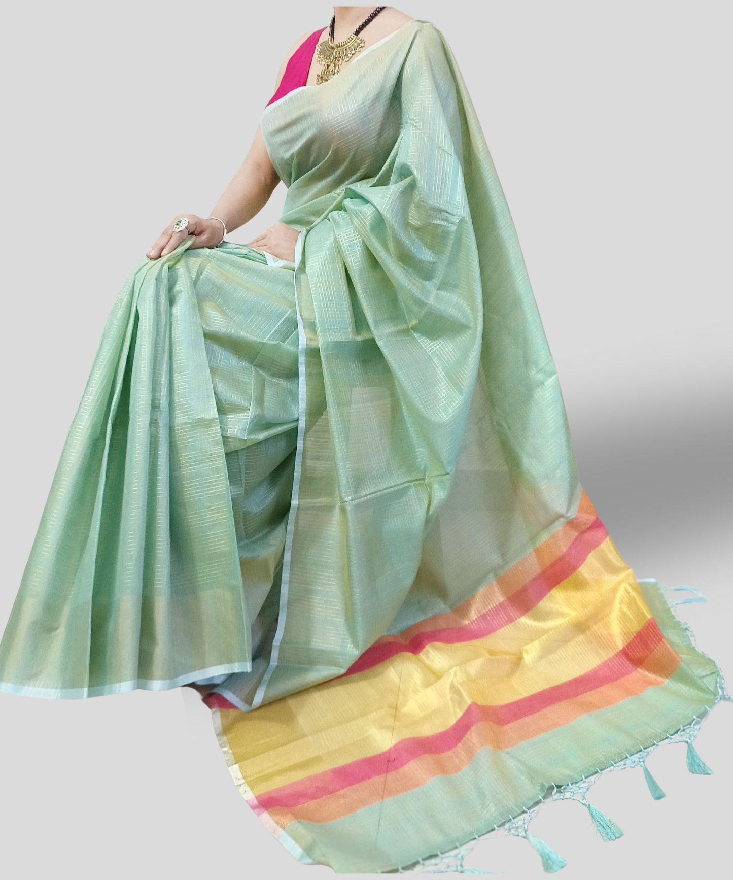 Pista Green Zari Checkered Poly Silk Saree