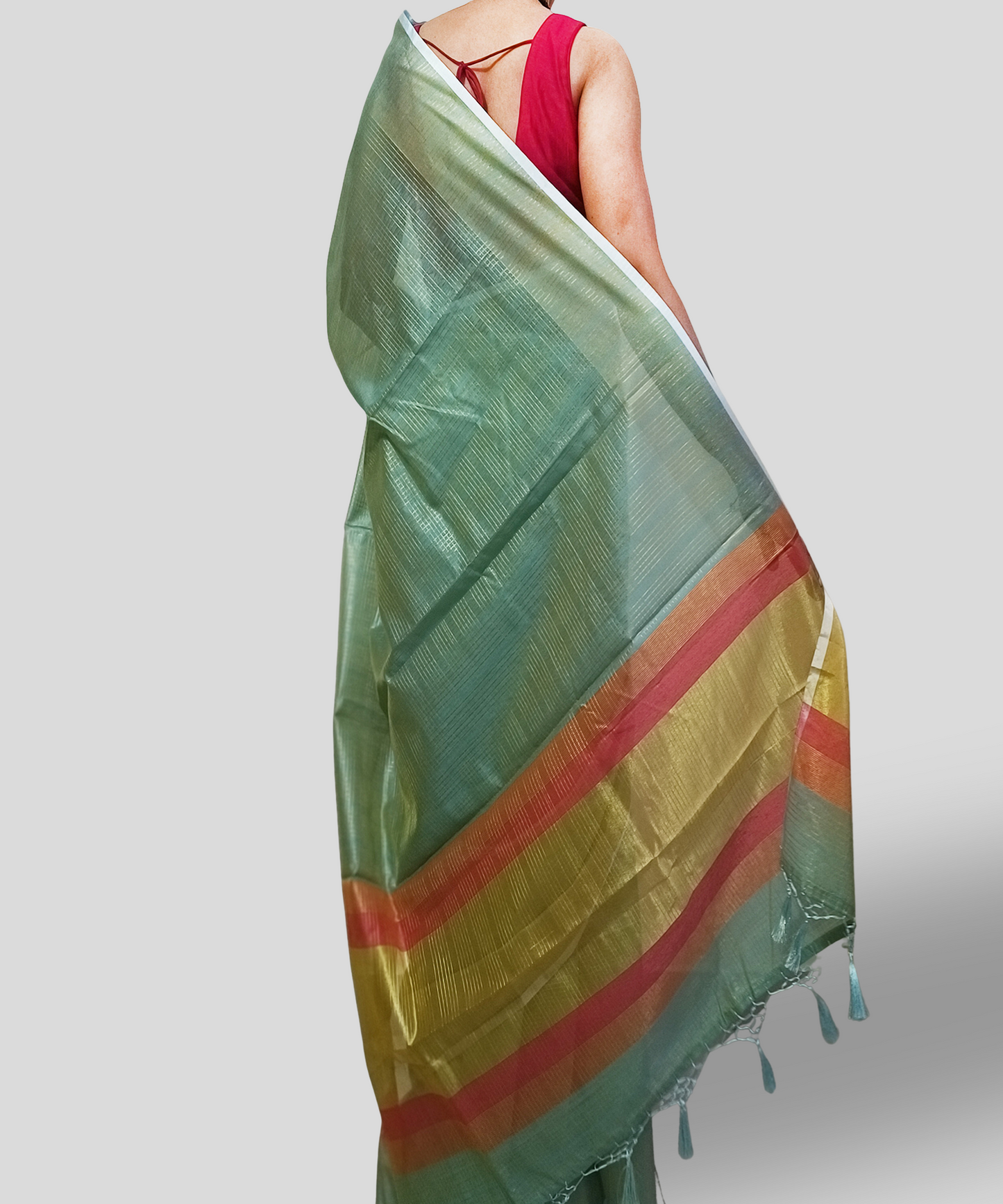 Pista Green Zari Checkered Poly Silk Saree