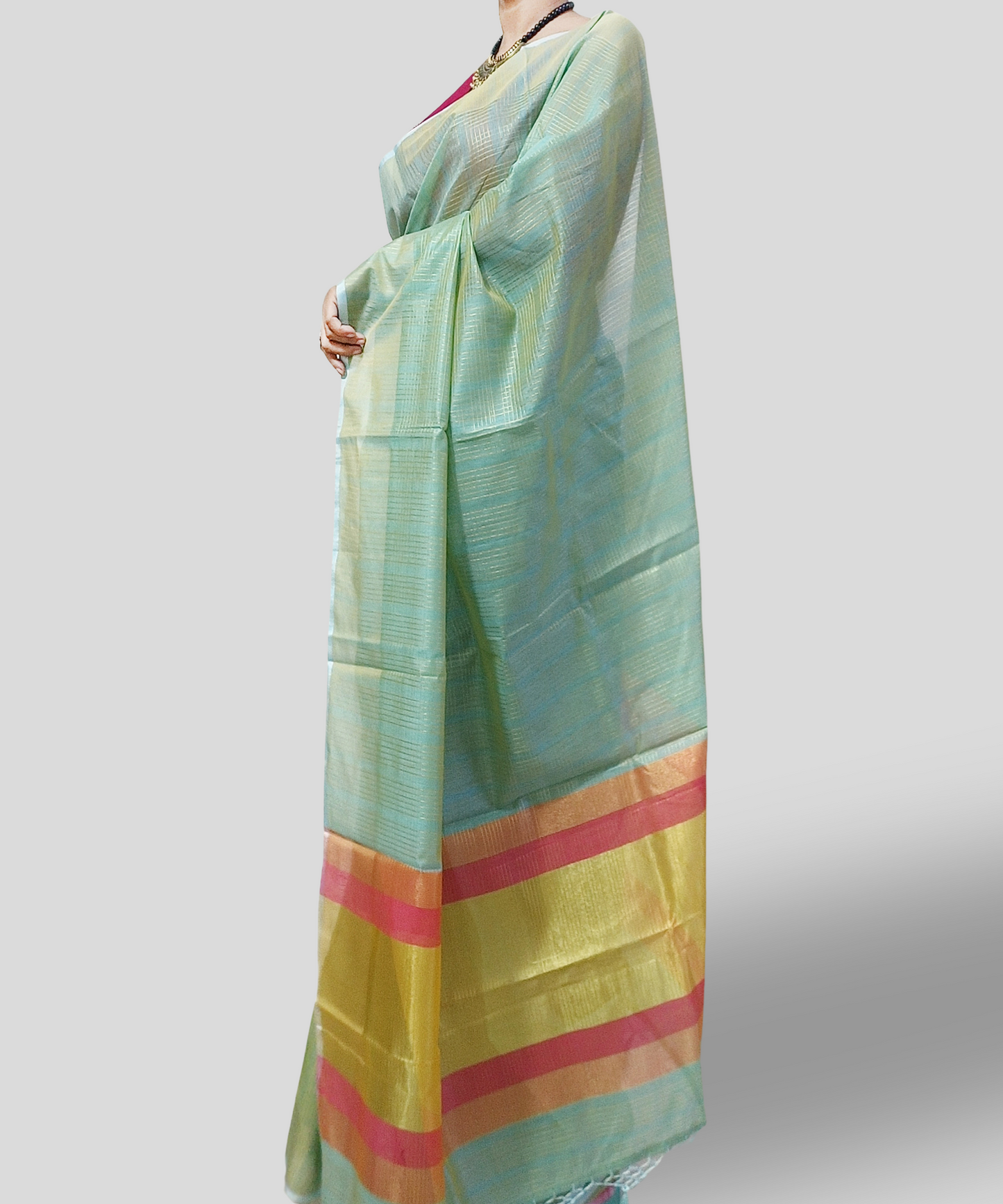 Pista Green Zari Checkered Poly Silk Saree