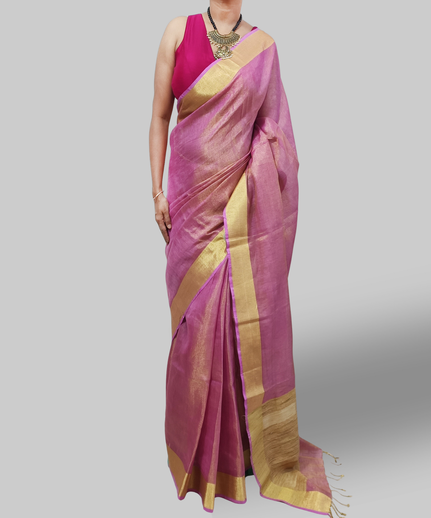 Pink Tissue Linen Saree with Zari Border