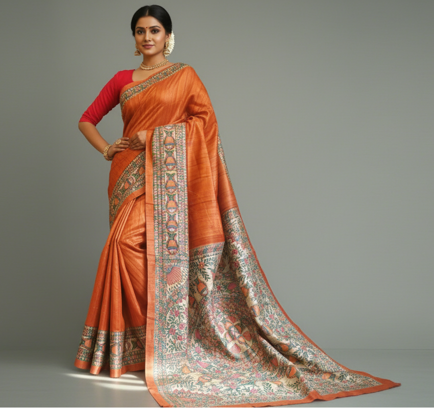 Rust Tassar Ghicha Madhubani Hand Painted Saree