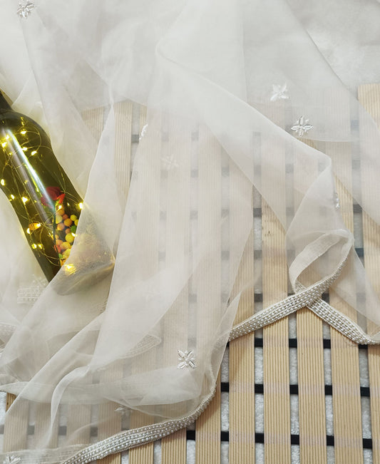 Ivory Hand Embroidered Organza Saree