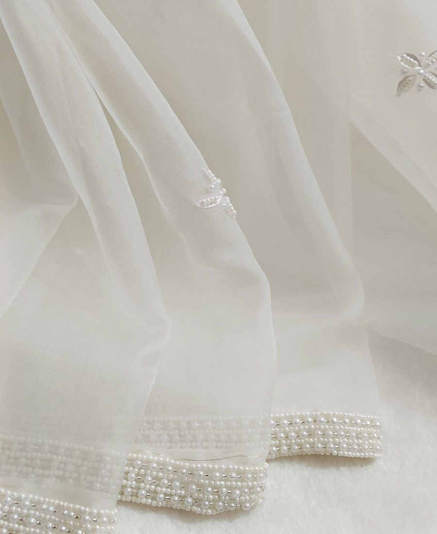 Ivory Hand Embroidered Organza Saree