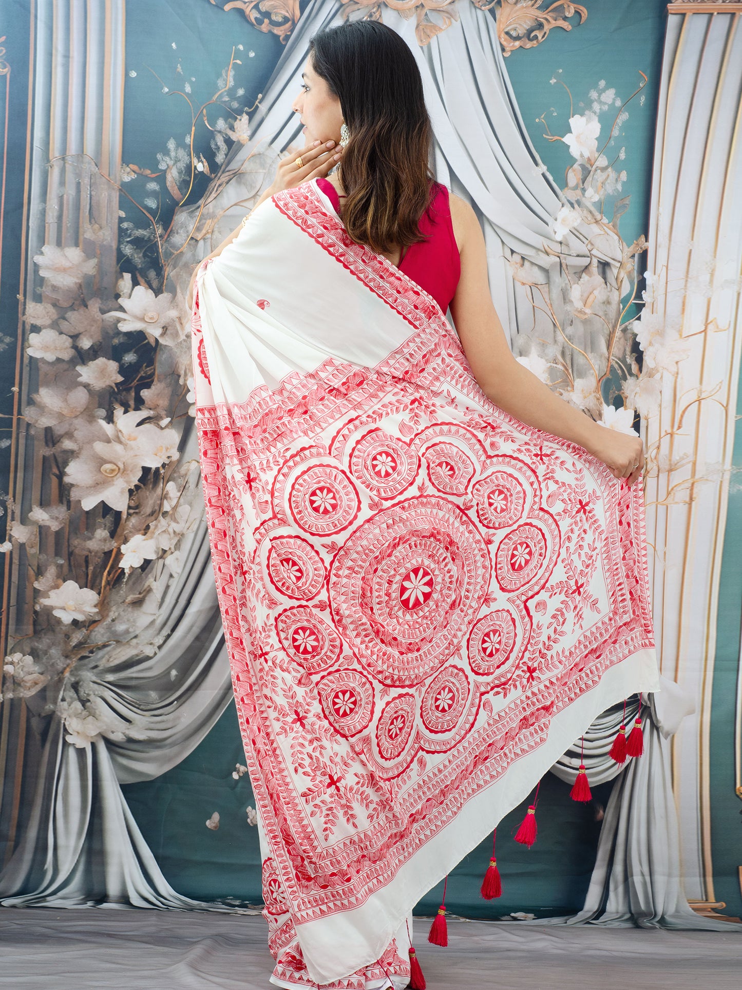 White Madhubani Hand Painted Natural Crepe Saree