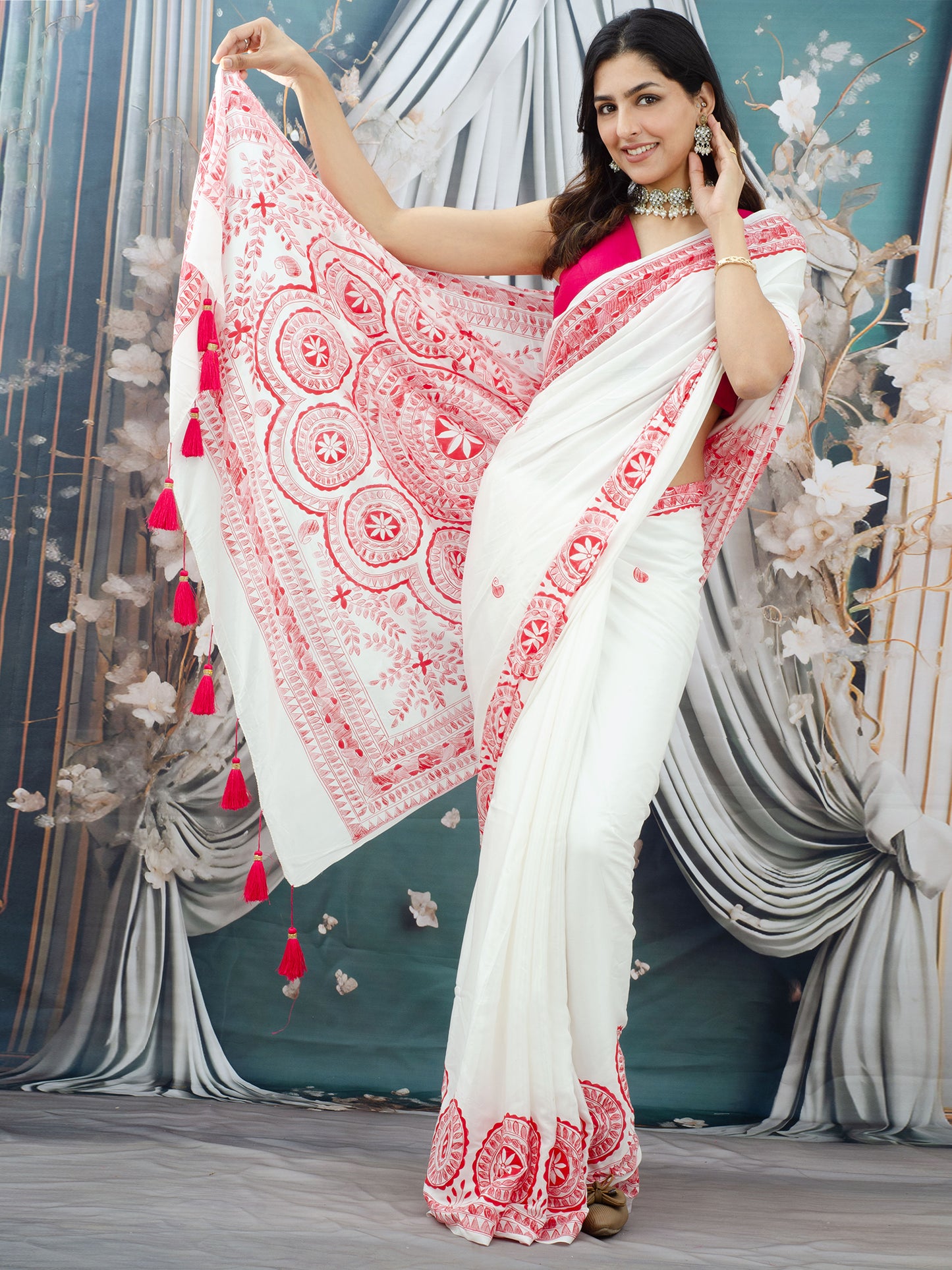 White Madhubani Hand Painted Natural Crepe Saree