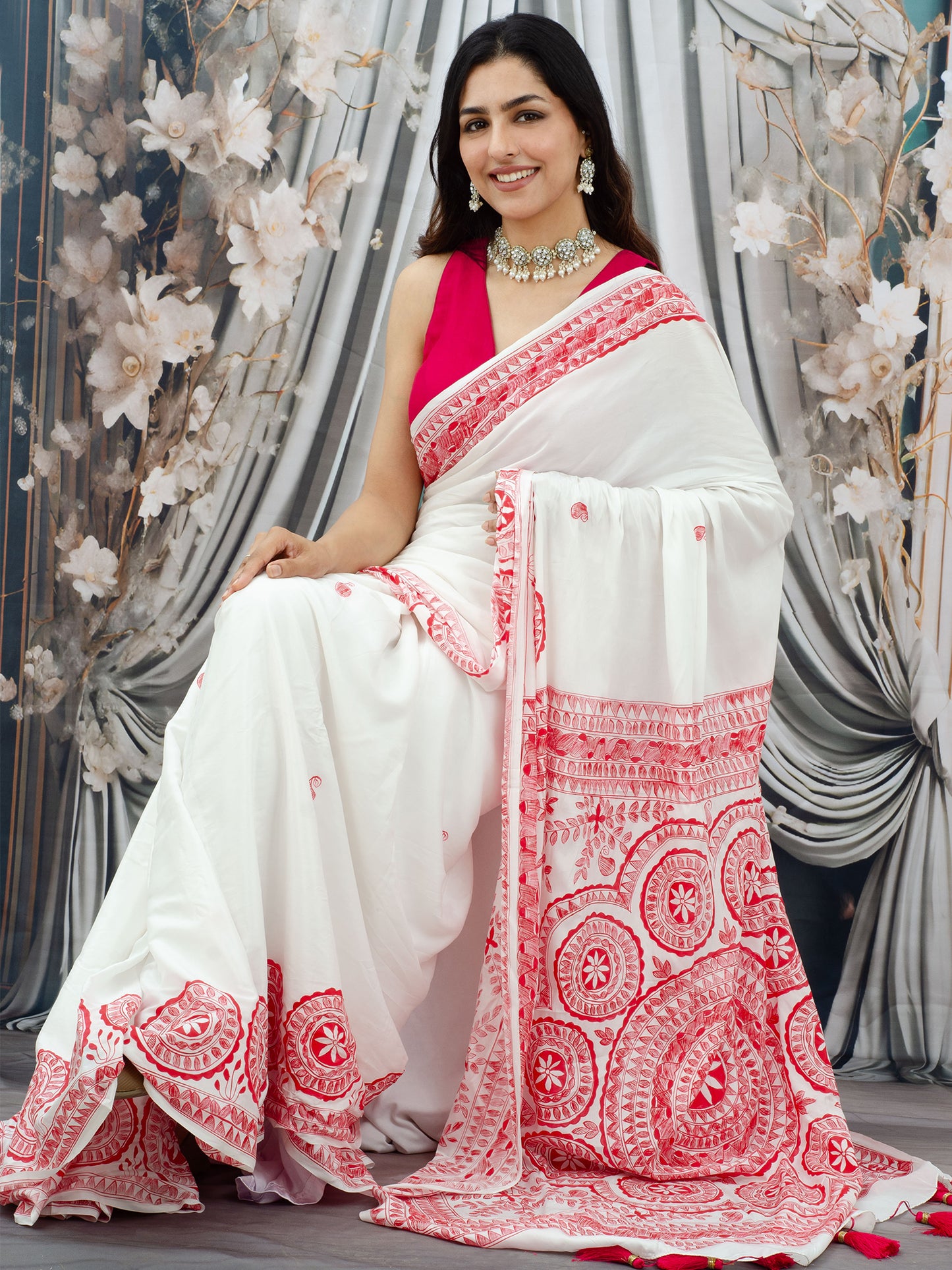 White Madhubani Hand Painted Natural Crepe Saree