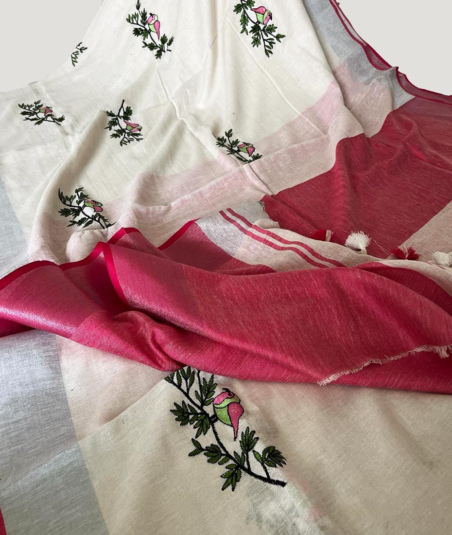 Embroidered Linen Saree | Peepal Clothing