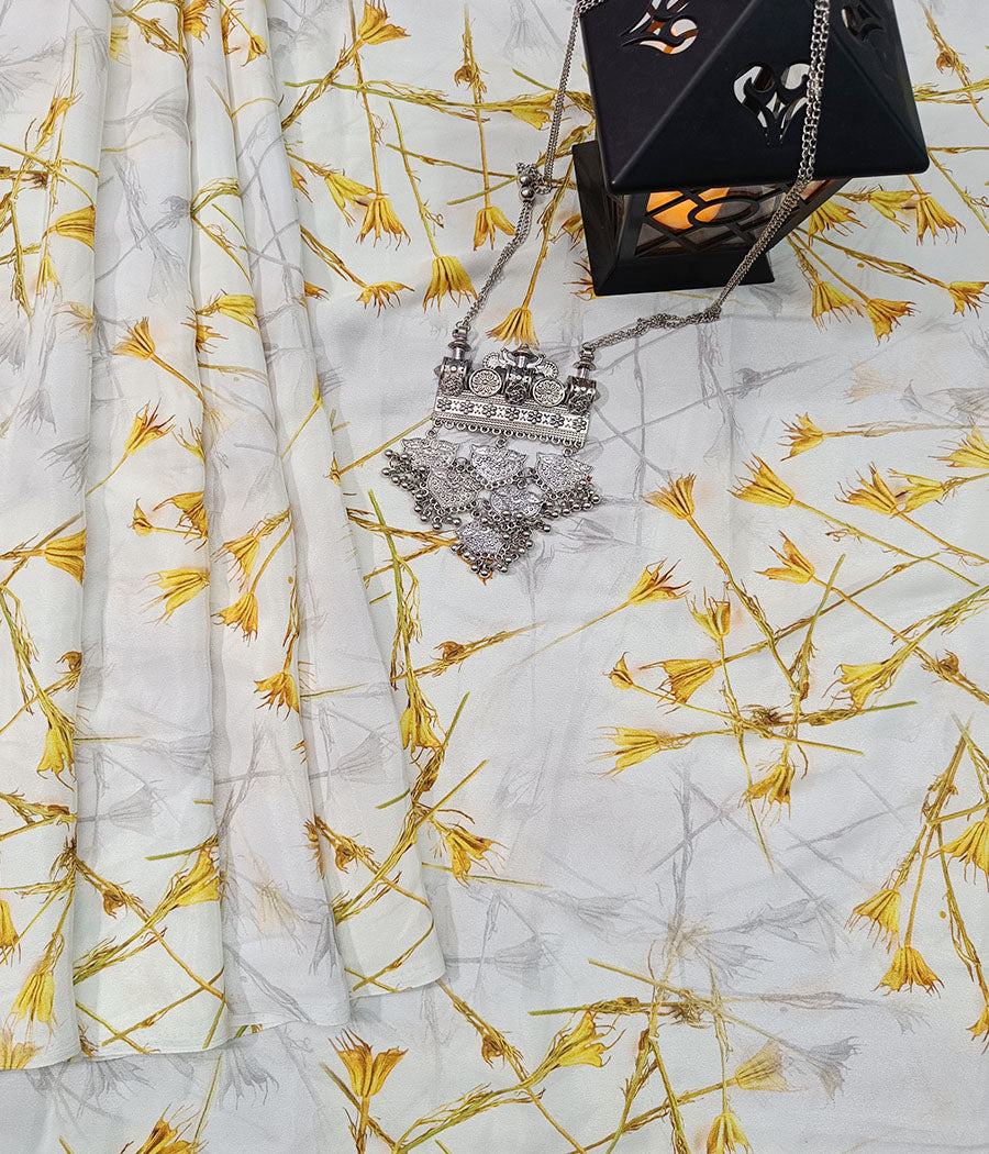 White and Orange Floral Printed Crepe Saree